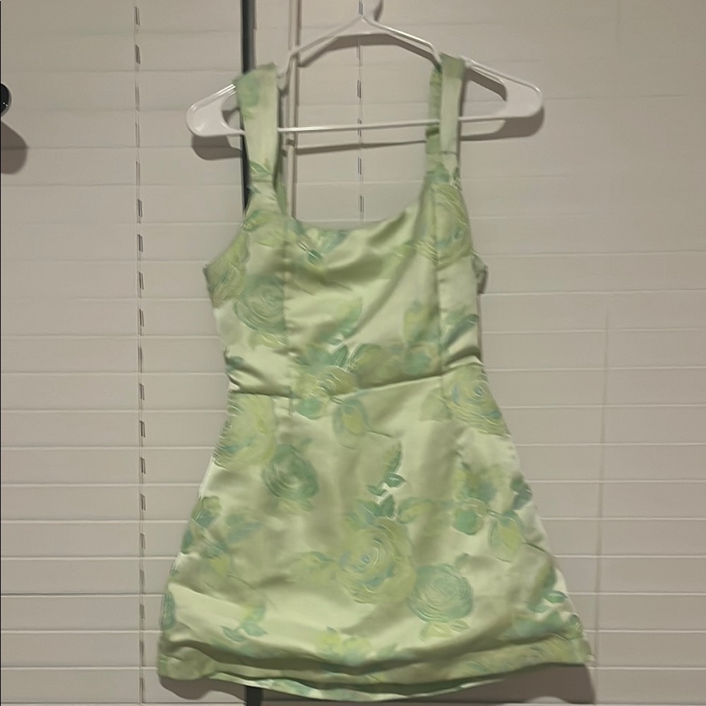 Lulus Brighter Side Light Green Floral Satin Jacquard Mini Dress
